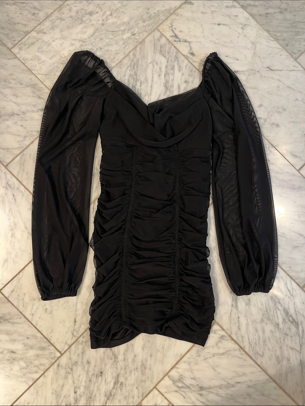 Princess Polly Black Ruched Mini Dress with Sheer Long Sleeves